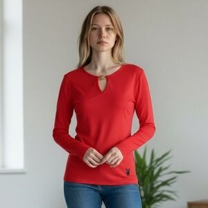 VTG Playboy Womens Red Keyhole Long Sleeve Top Bunny Logo Silver Hardware Medium